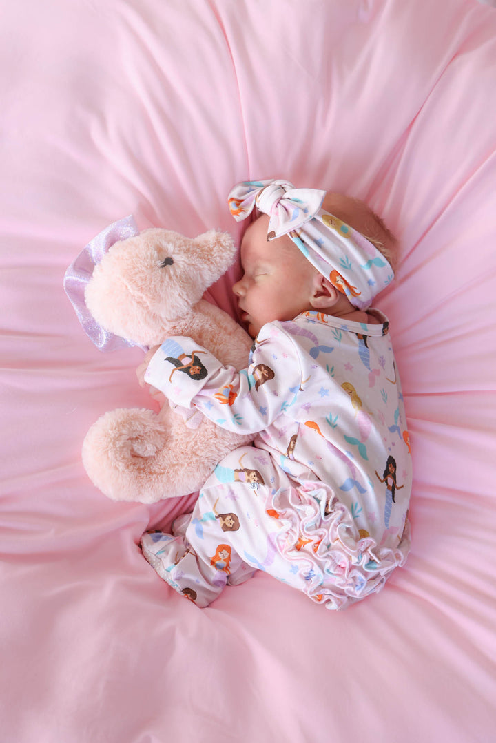 baby wearing let's be mermaids bamboo footie pajama, lifestyle