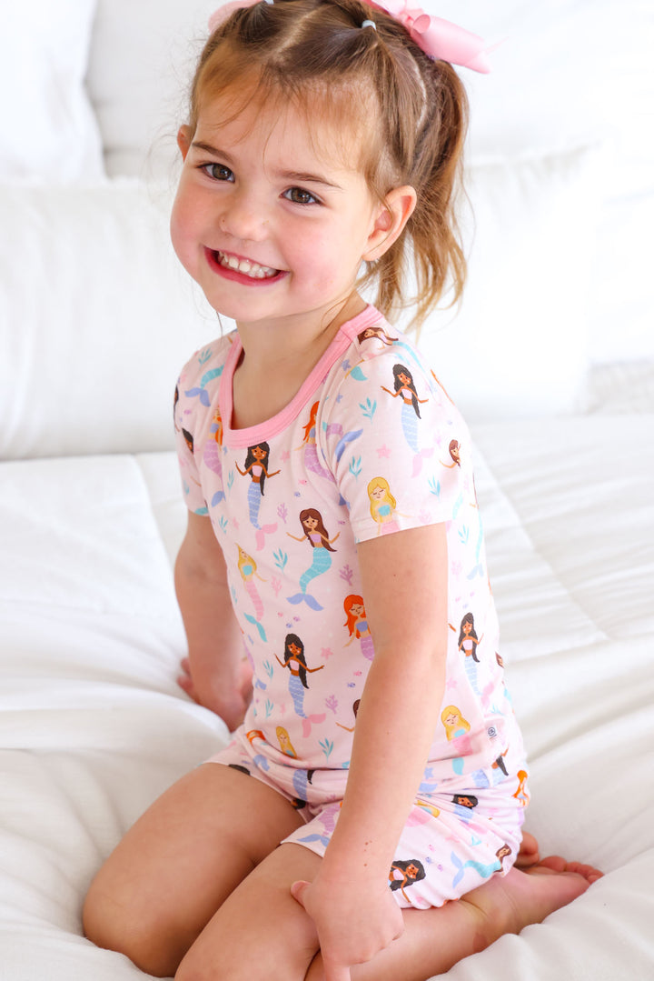 close-up of let's be mermaids print on bamboo short pajama set