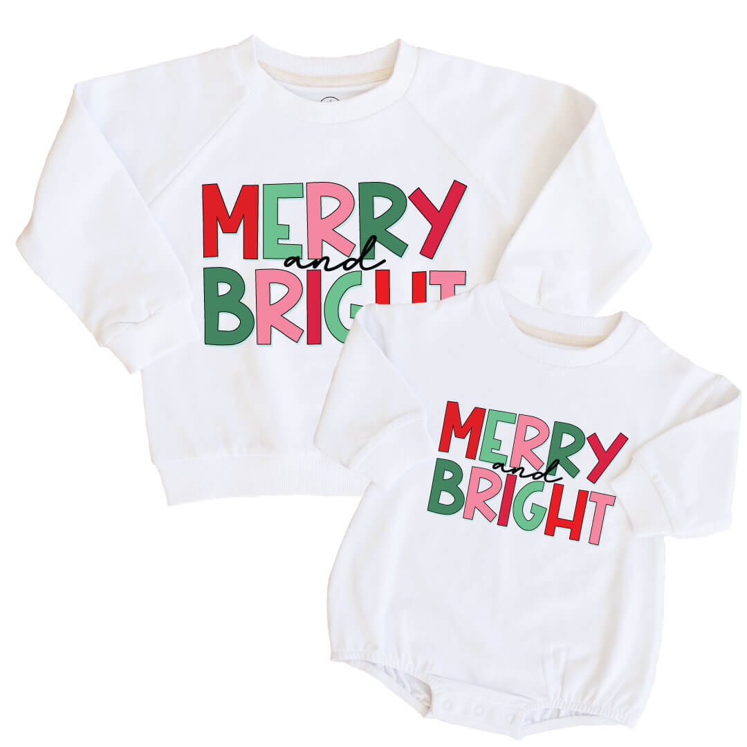 merry and bright graphic sweatshirt and sweatshirt bubble romper for kids 
