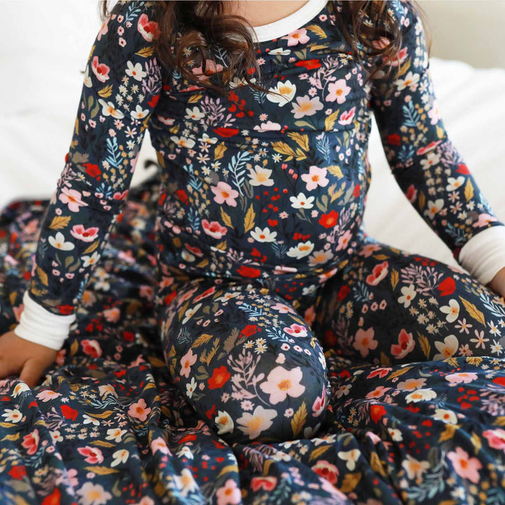 white, pink and red floral on navy pajama set for kids