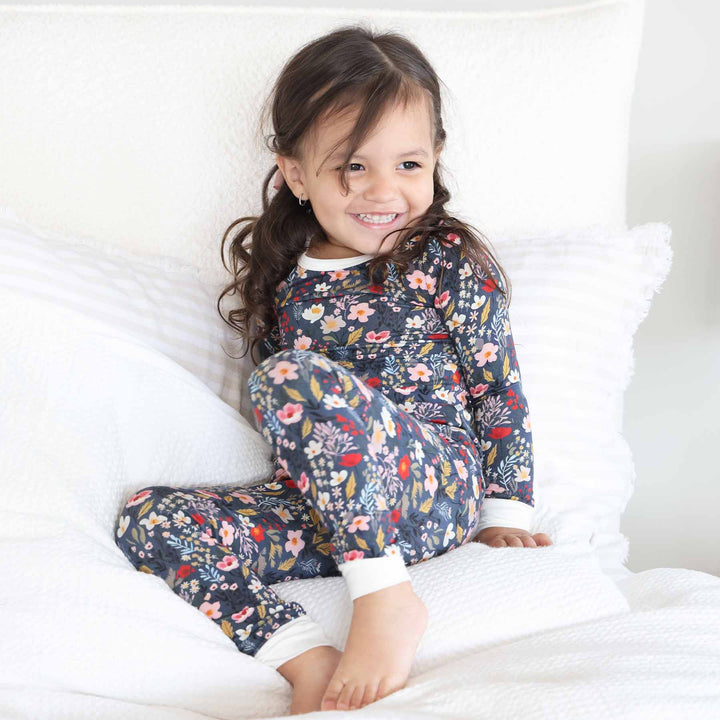 girls bamboo pajama set with dark floral