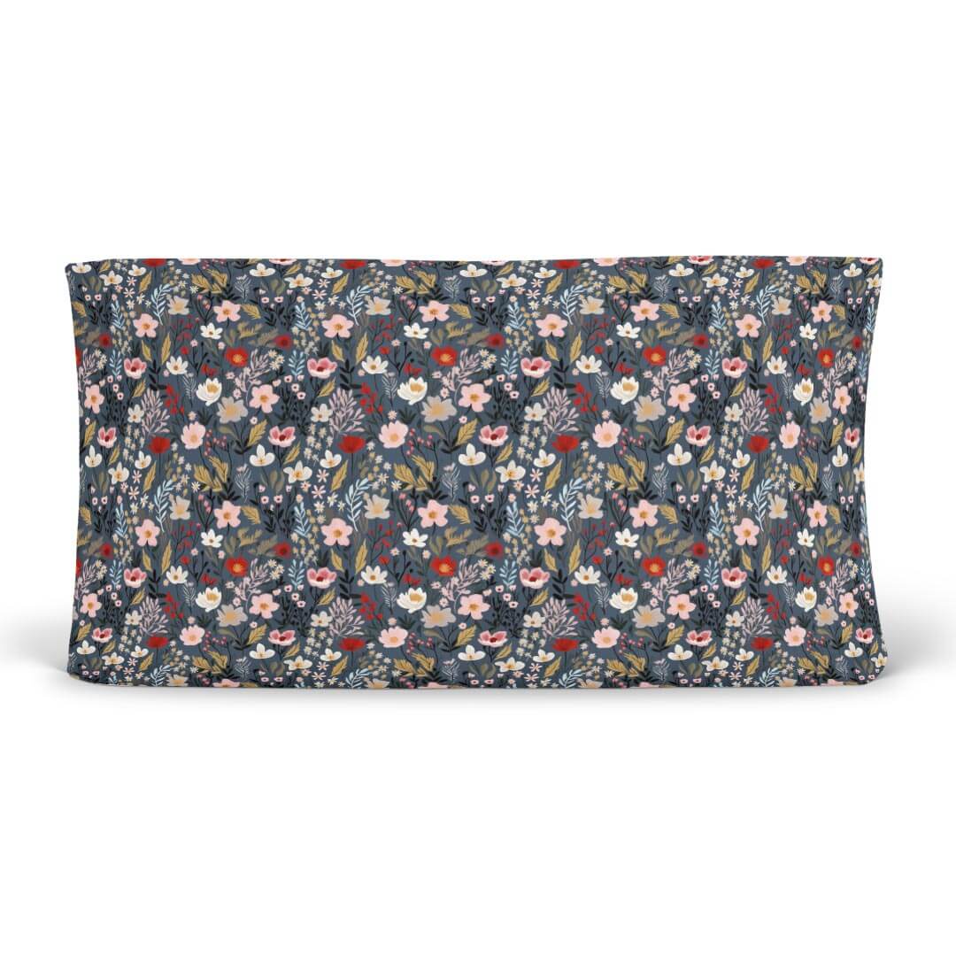 navy changing pad cover with pink and red floral