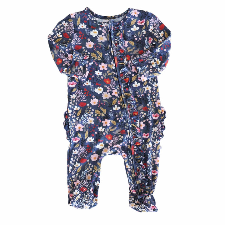 baby zipper footie for girls navy with white, pink and red floral