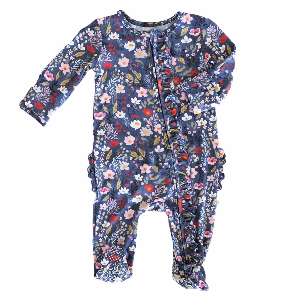 fall floral ruffle zipper footie for baby girls