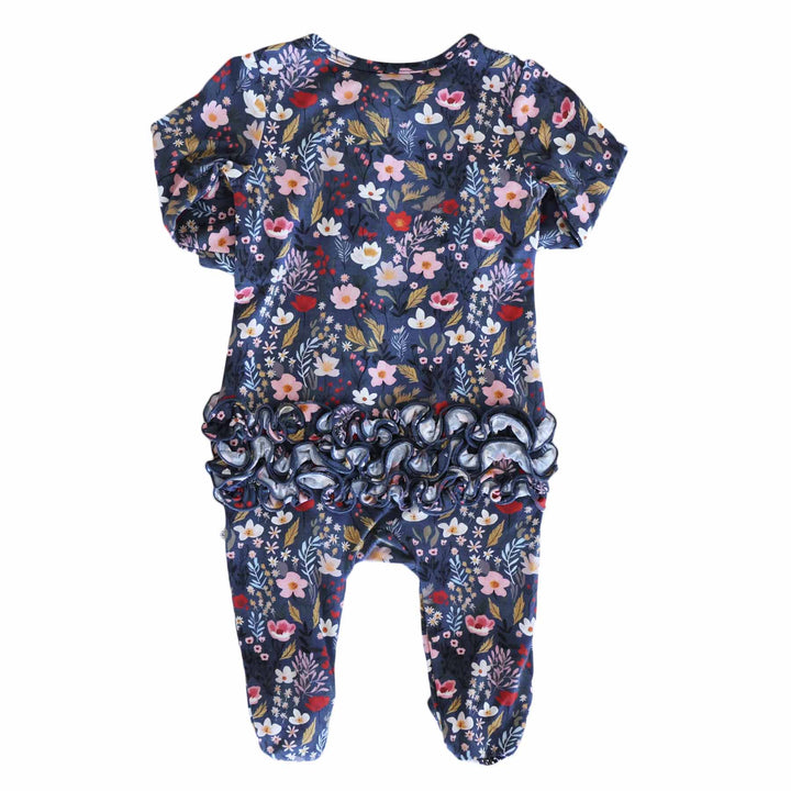 midnight meadow ruffle bottom zipper footie for baby girls