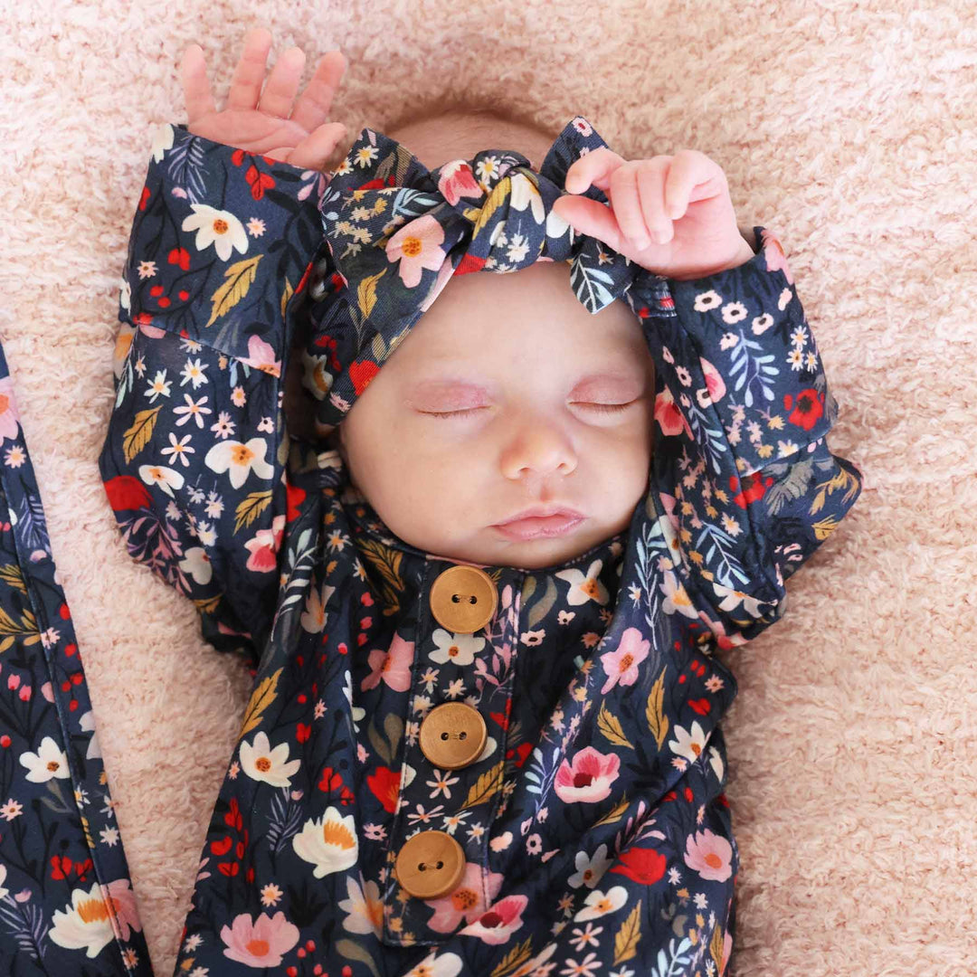 pink, white and red floral newborn knot gown and hat set 