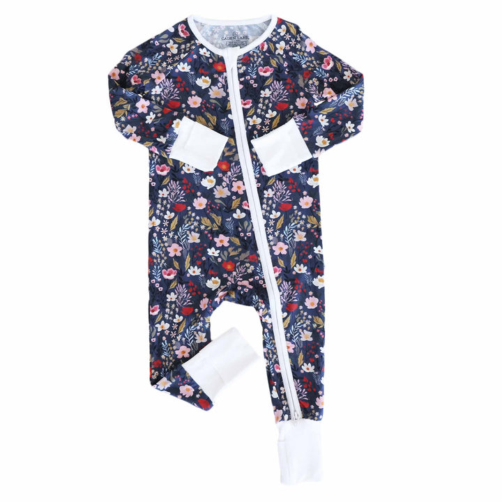 navy baby pajama romper with pink and red floral