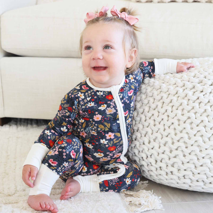 floral convertible pajama romper for babies navy