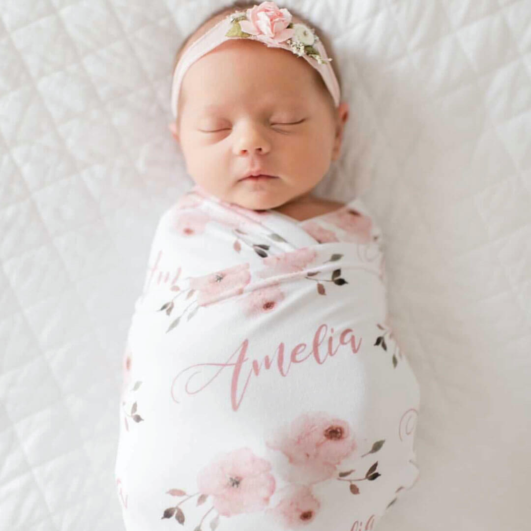 pink floral personalized swaddle blanket 