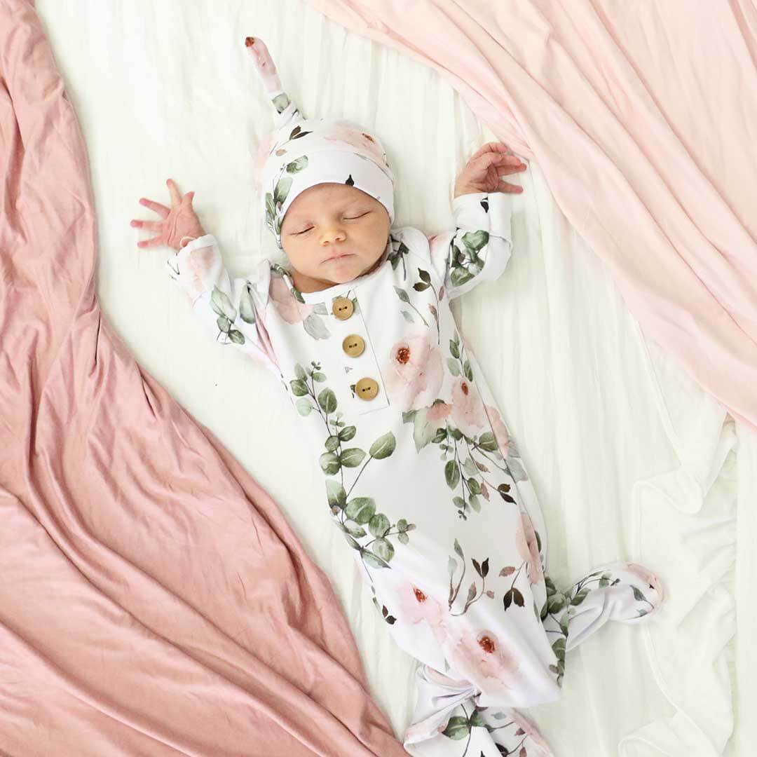 dusty rose garden newborn knot gown and hat set