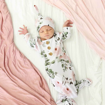 dusty rose garden newborn knot gown and hat set