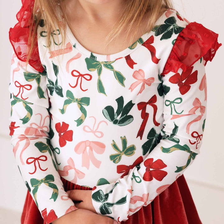 red and green bows long sleeve leotard for girls with red velvet skirt for christmas 