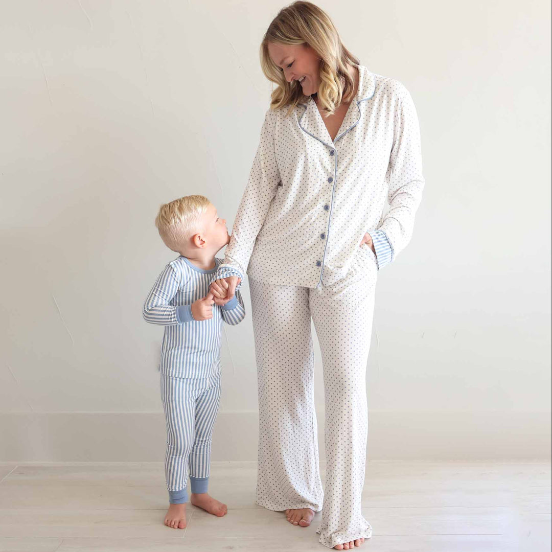 mom and son coordinating lounge and pajama sets with blue and white stripes for boys and white with blue polka dots for women