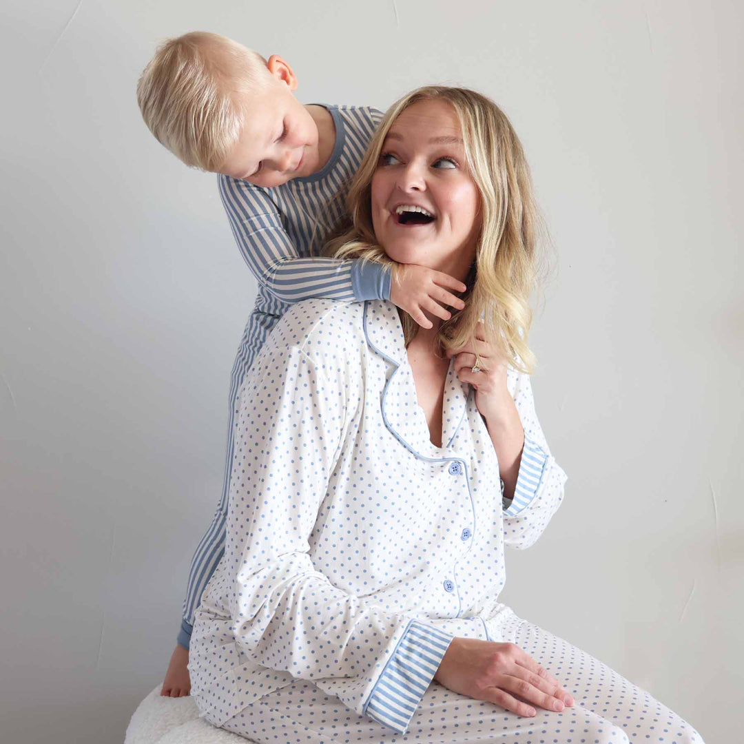 mom and son coordinating stripe and polka dot pajama set for kids and lounge sets for moms