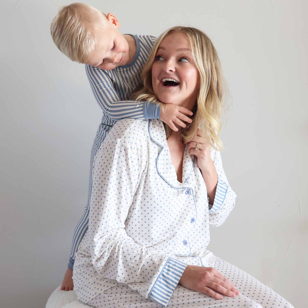 mom and son matching lounge and pajama sets with polka dots and stripes 