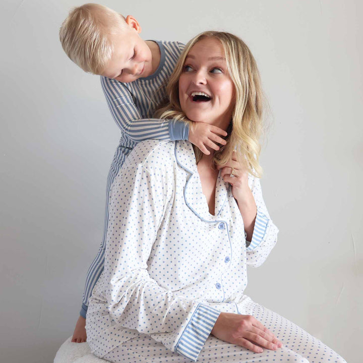 mom and son matching lounge and pajama sets with polka dots and stripes 