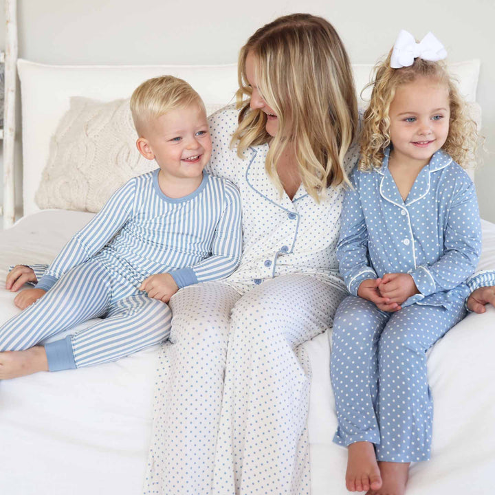 mom and kids matching pajama and lounge sets with polka dots and stripes 