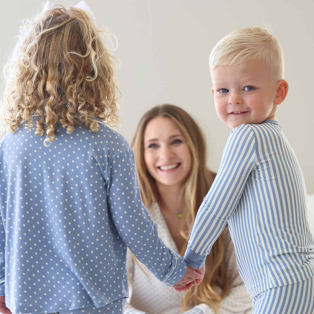 sibling matching pajamas and lounge sets with polka dots and stripes 