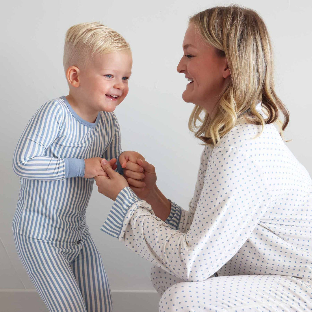 mom and son matching pajama and lounge set with polka dots and stripes in dusty blue and white 