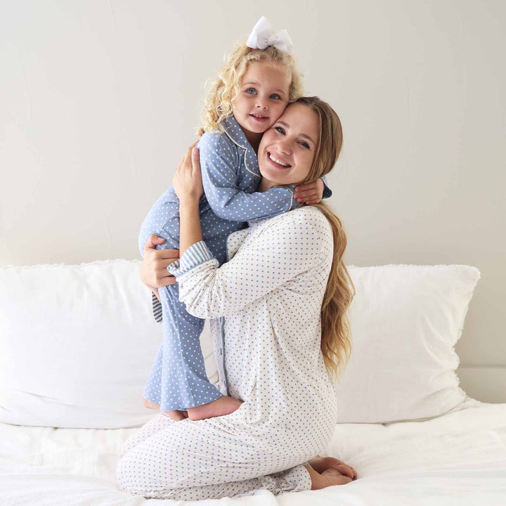 mom and daughter in matching polka dots lounge sets with long sleeve and flare pants made of bamboo viscose 