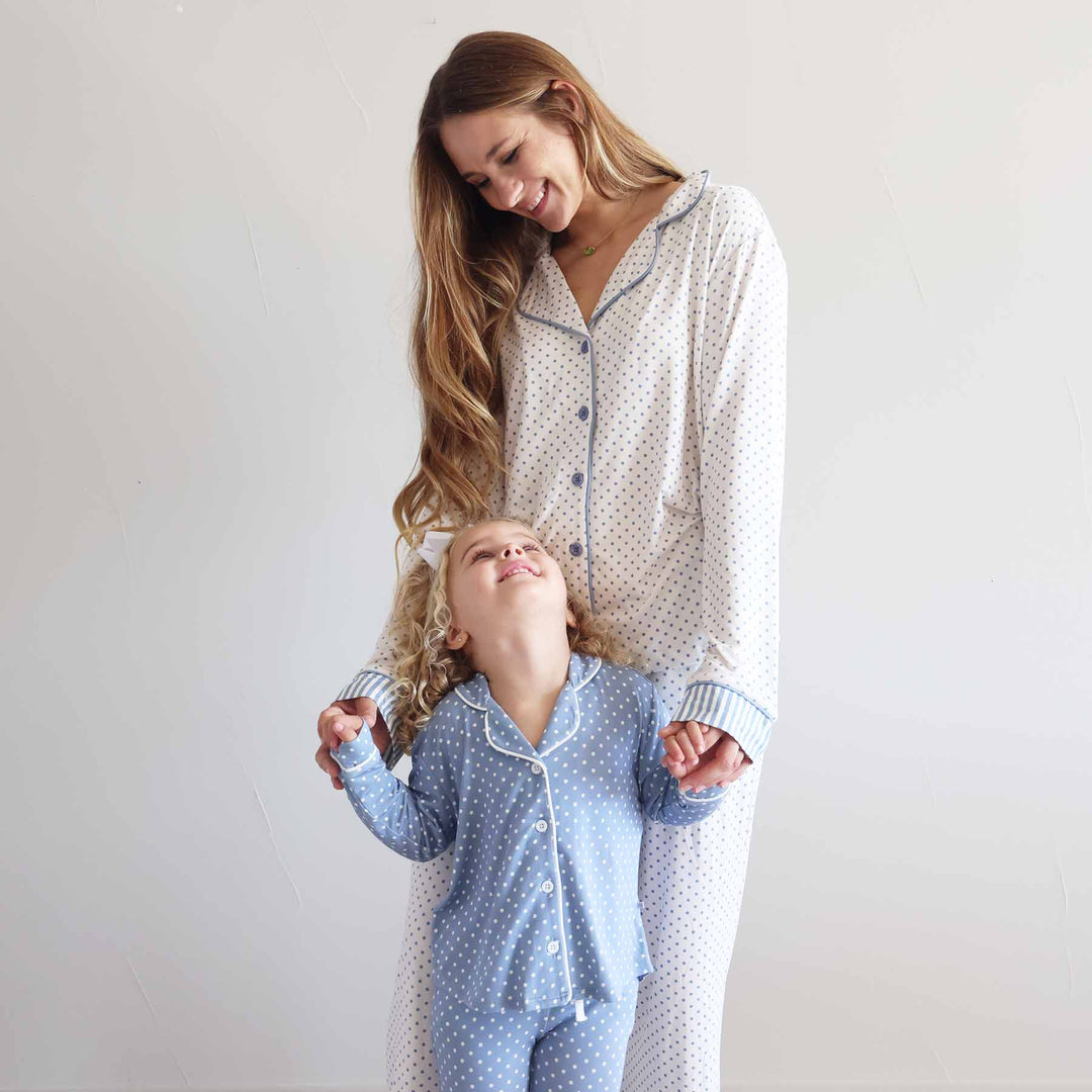 mommy and me matching bamboo viscose lounge sets with polka dots 