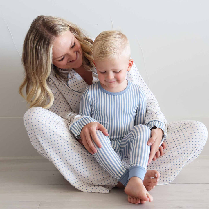 mom and son matching lounge and pajama sets with blue and white stripes and polka dots 