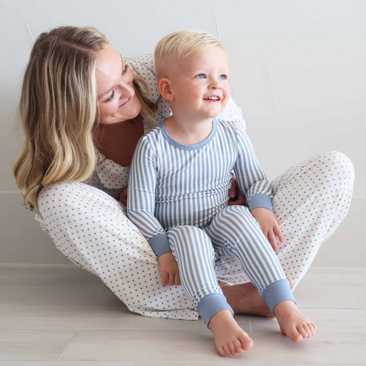 mom and son coordinating pajama and lounge sets with polka dots and stripes 