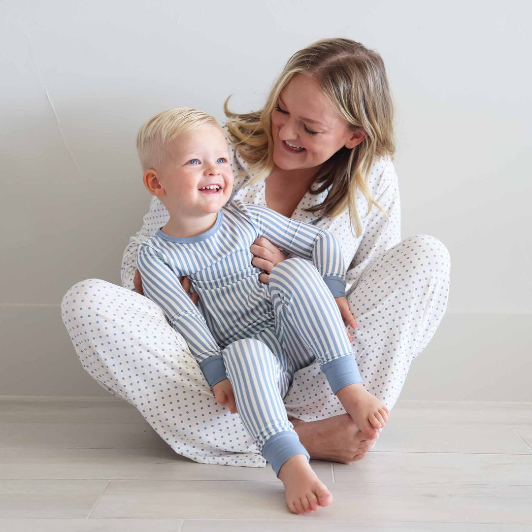 mom and son coordinating lounge and pajama sets with blue and white stripes and polka dots 