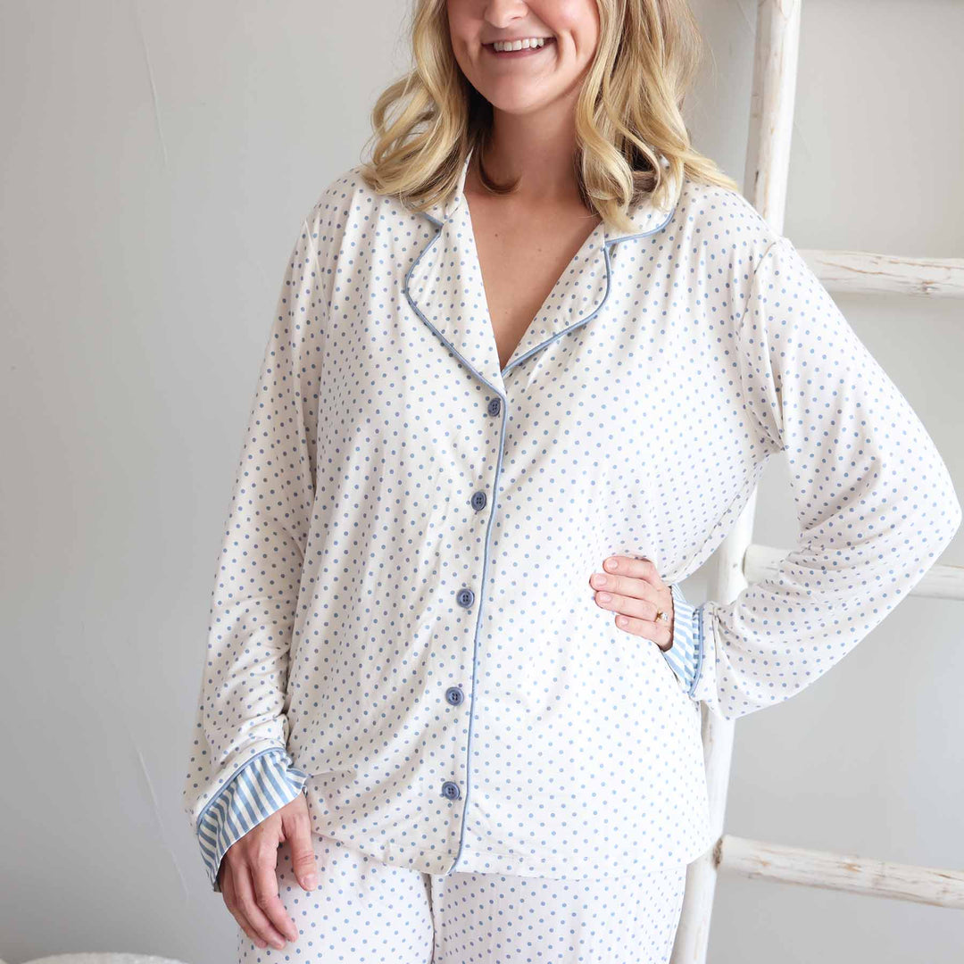 women's collared long sleeve button up shirt flare pant lounge set with polka dots and stripe sleeve detailing 