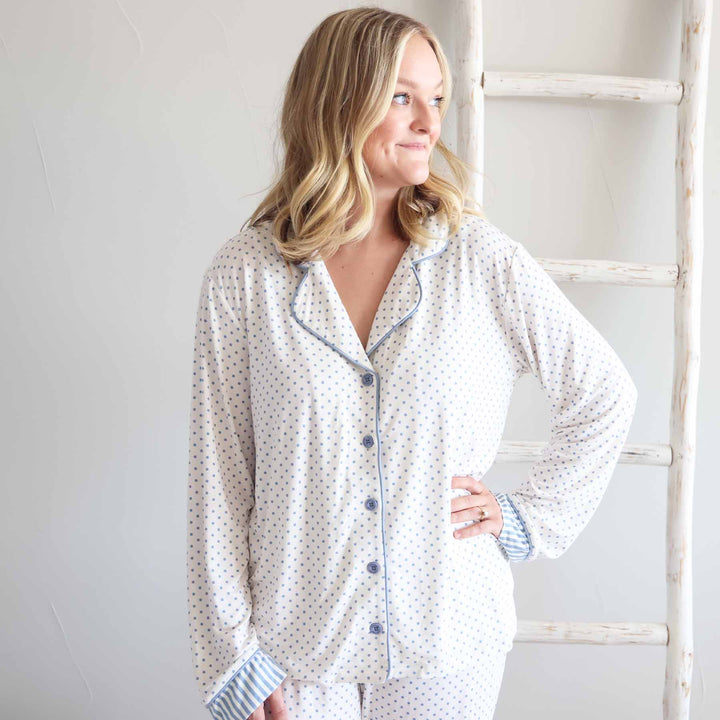 women's long sleeve lounge set white with blue polka dots and blue stripe sleeve details 