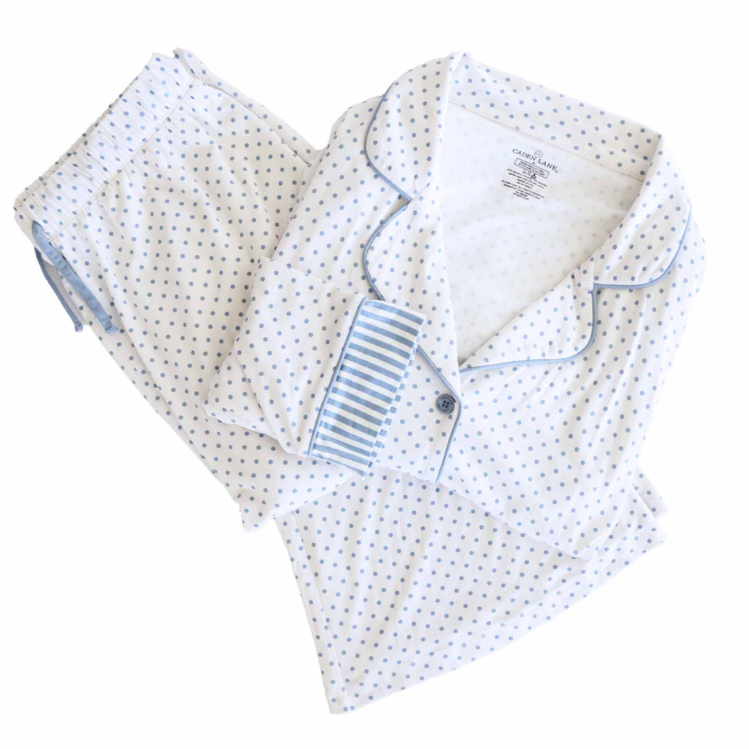 white long sleeve lounge set for women with dusty blue polka dots, collar and button up top with flare pants
