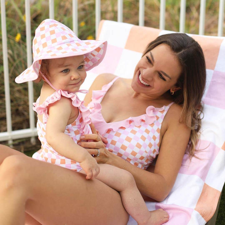 ruffle swimsuit for mom pink and orange check