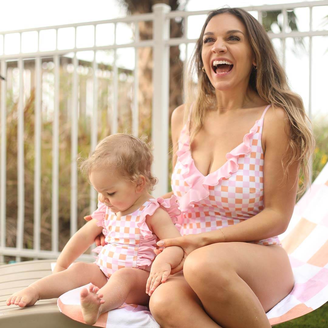 mommy and me swimsuit pink and orange checkered print 