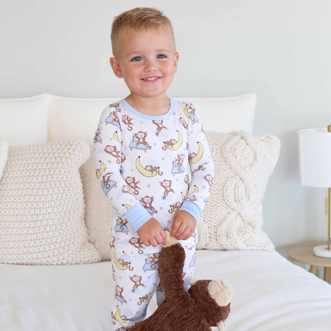 monkey see, monkey snooze two piece pajama set for kids gender neutral