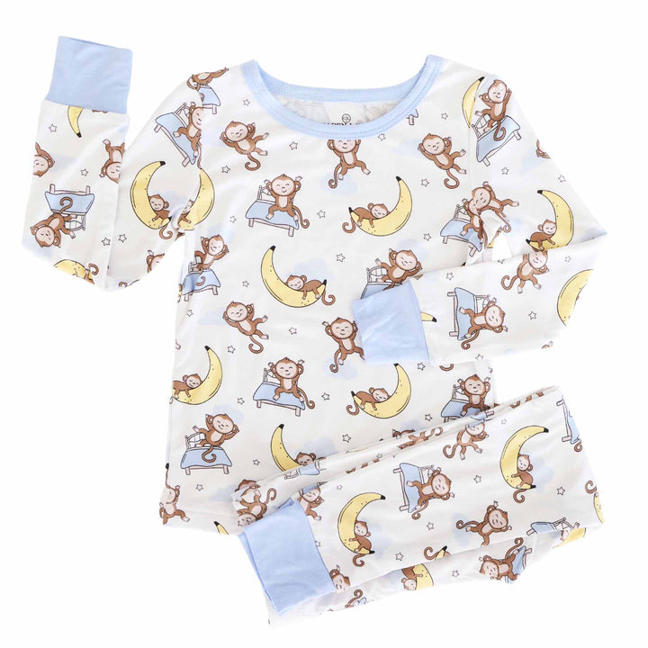 monkey jumping on bed and sleeping on banana moon two piece pajama set for kids 