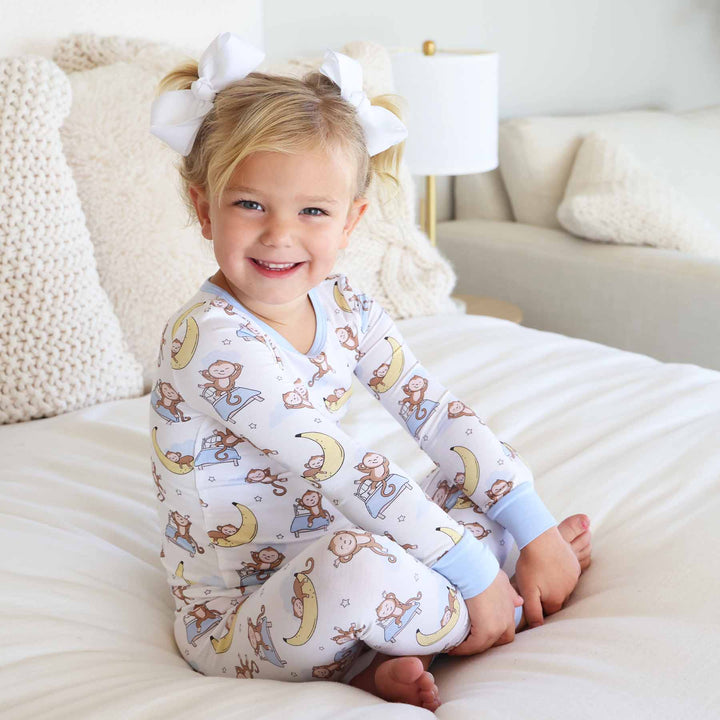 monkey see, monkey snooze kids two piece pajama set 