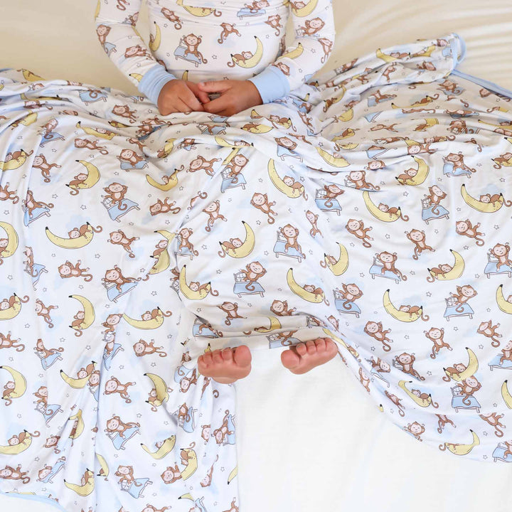 monkey jumping on bed and sleeping on banana moon double sided bamboo blanket for kids 