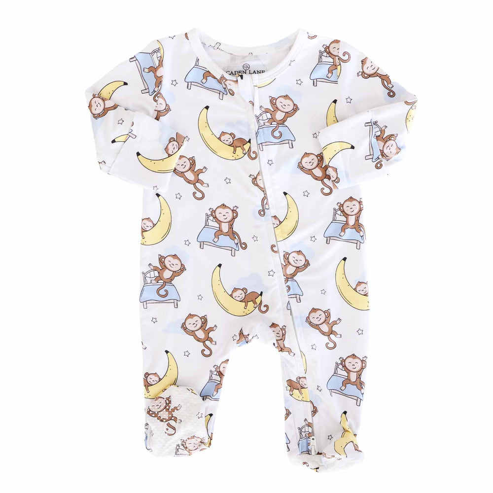 baby zipper footie with monkeys sleeping on beds and banana moons 