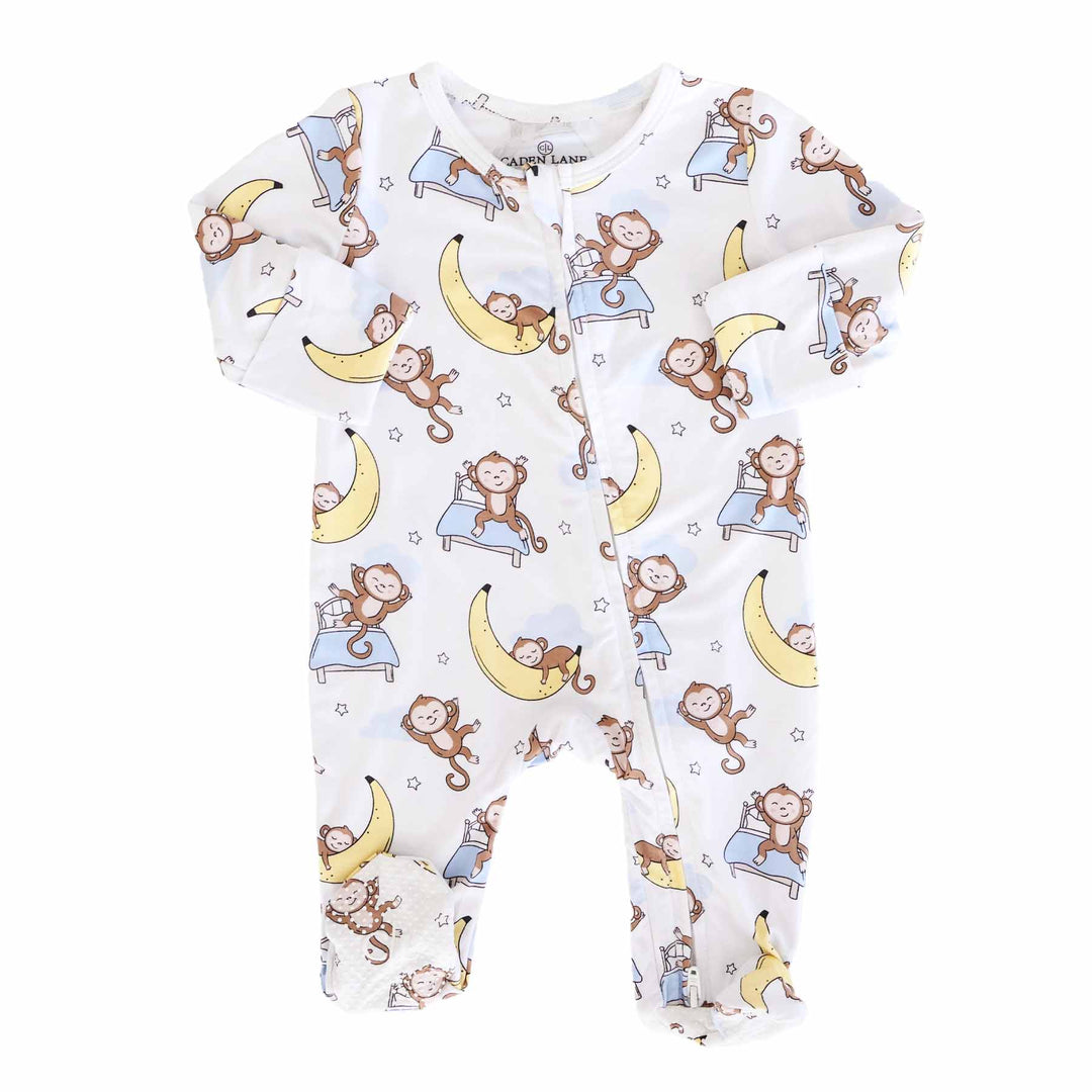 baby zipper footie with monkeys sleeping on beds and banana moons 