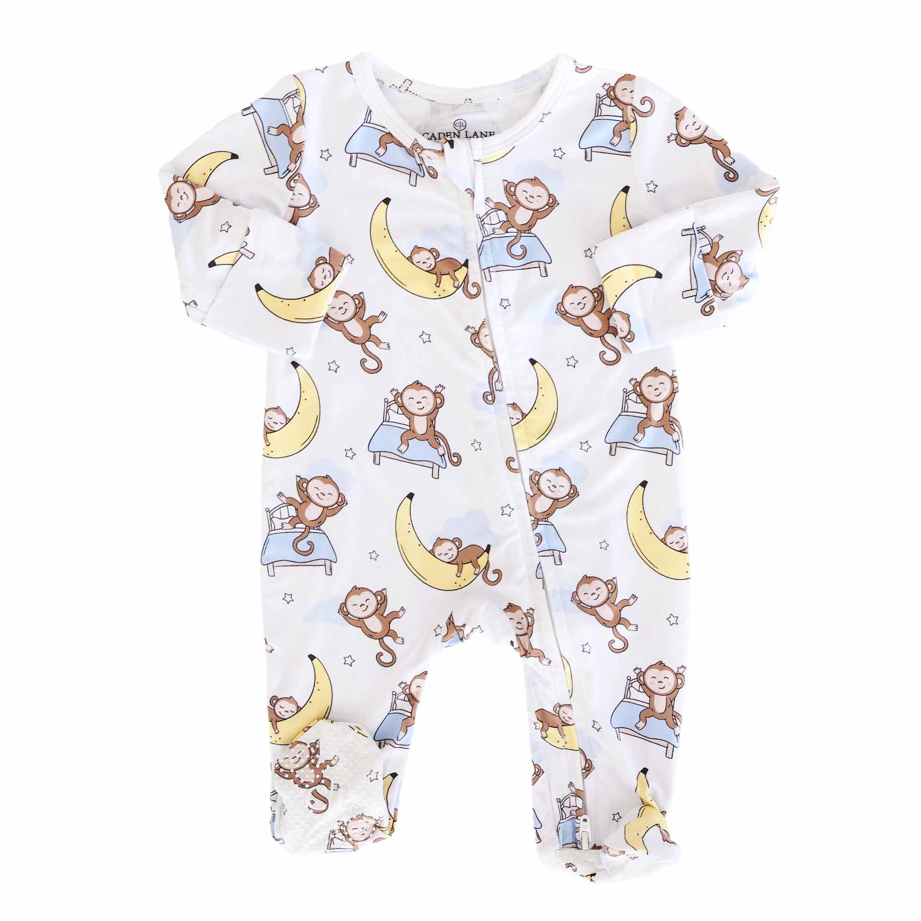 baby zipper footie with monkeys sleeping on beds and banana moons 