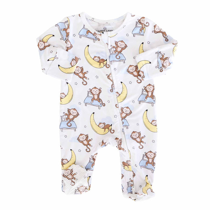 baby zipper footie with monkeys sleeping on beds and banana moons 