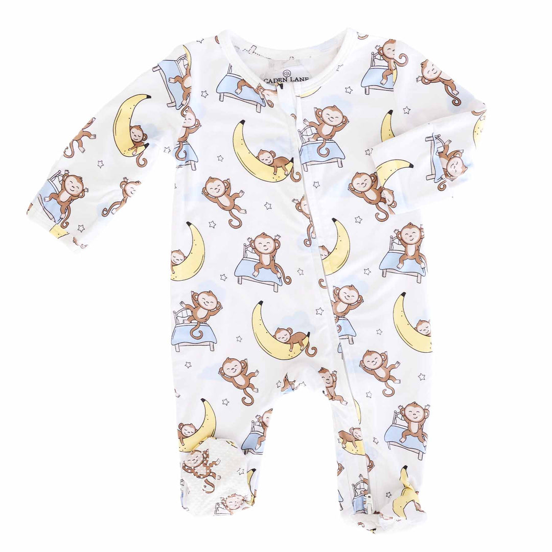 monkey see monkey snooze white, yellow, blue and brown bamboo viscose zipper footie for babies 