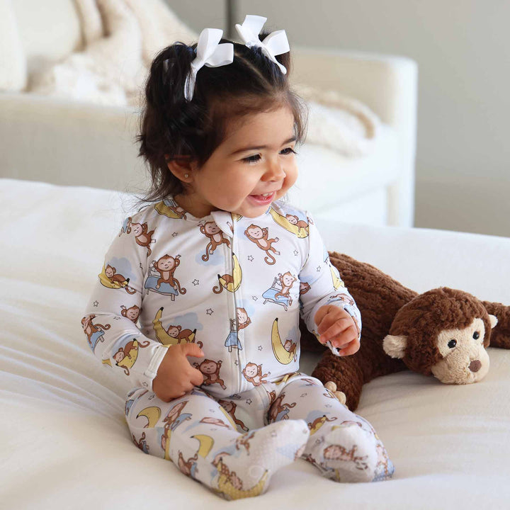 gender neutral monkey see, monkey snooze bamboo viscose double zipper footie for babies