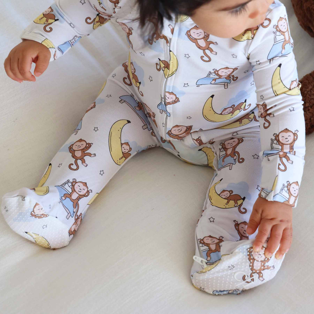 grippy baby footie monkey see, monkey snooze 