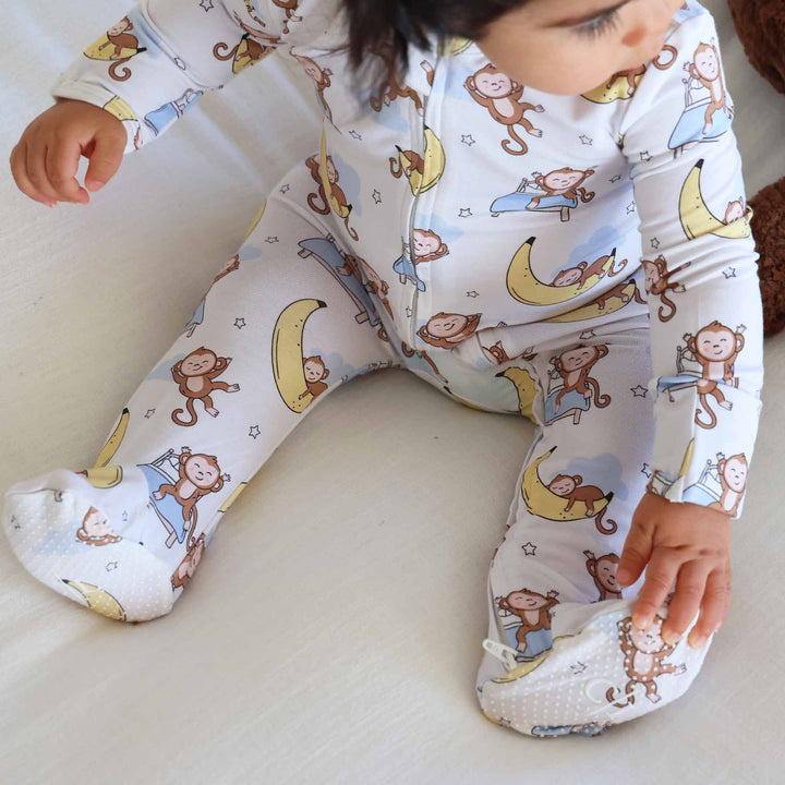 grippy baby footie monkey see, monkey snooze 
