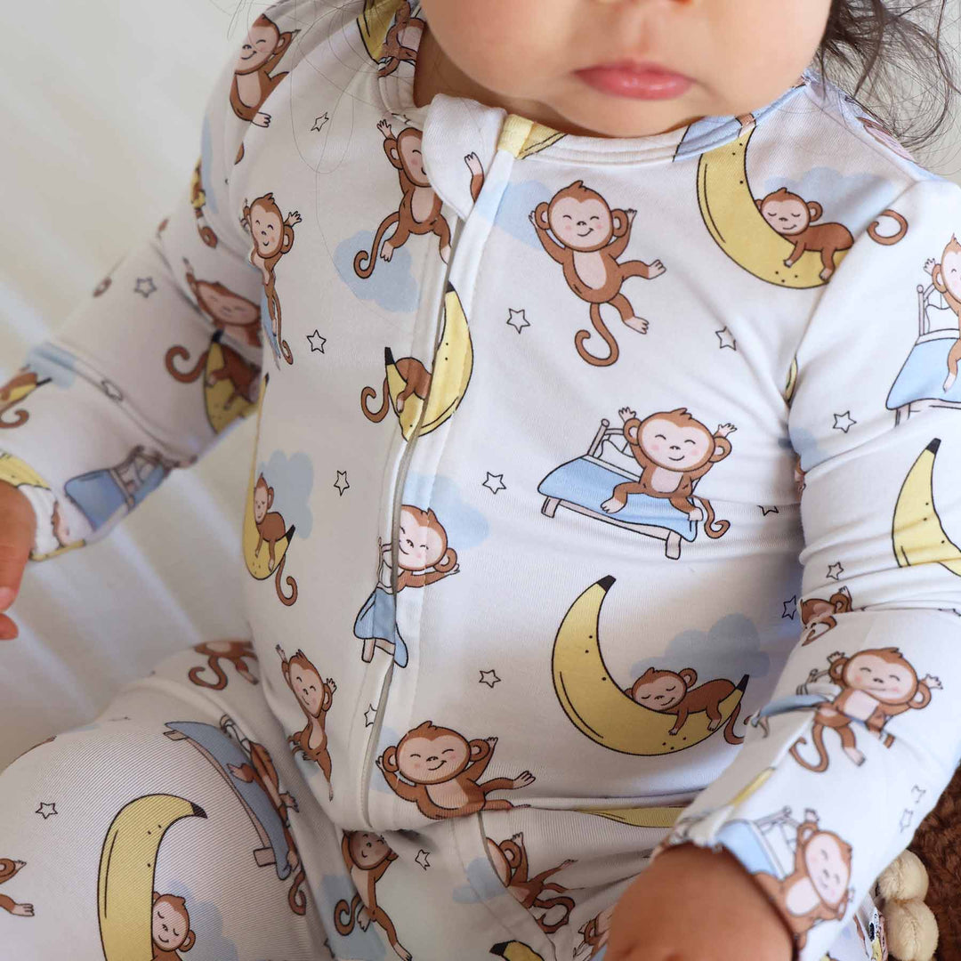 monkey and banana moon bamboo viscose zipper footie for babies 