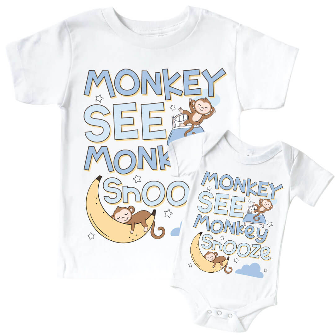 monkey see, monkey snooze graphic tee and bodysuit 