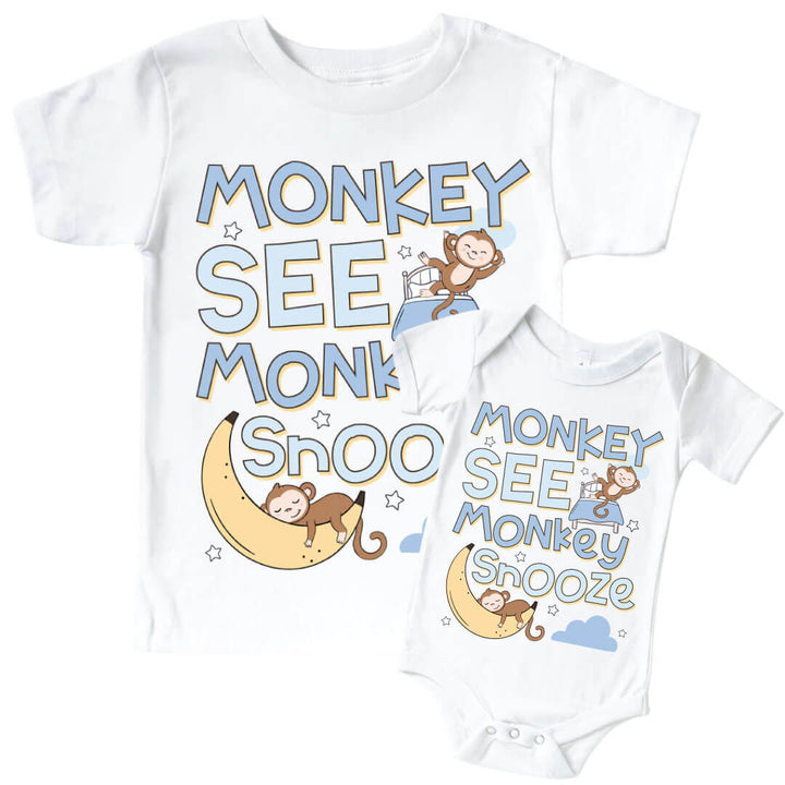 monkey see, monkey snooze graphic tee and bodysuit 