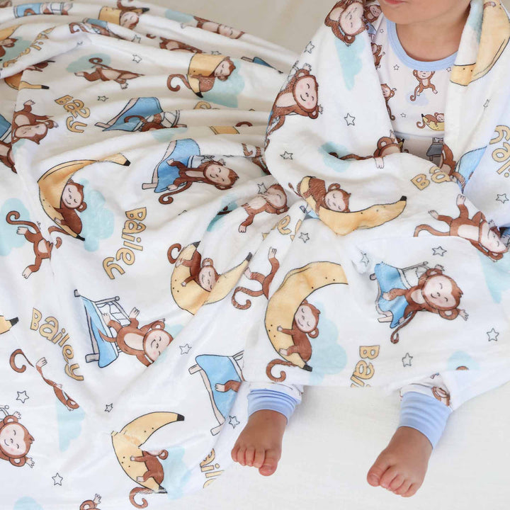 sleeping monkey personalized minky blanket for kids 