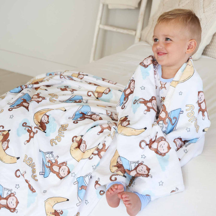 monkey sleeping on banana and jumping on bed personalized blanket for kids gender neutral 